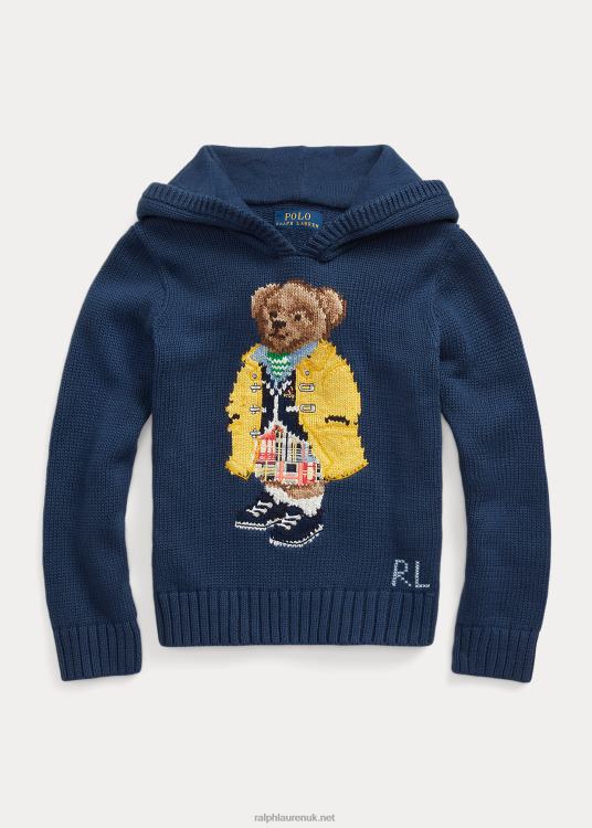 UK Ralph Lauren Kids Polo Bear Hooded Cotton Sweater Rustic Blue TRVP09990