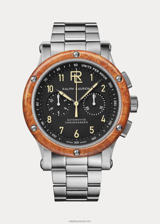 UK Ralph Lauren Men 42 MM Chronograph Steel Wood Bezel Black Dial W/Chrono TRVP02835