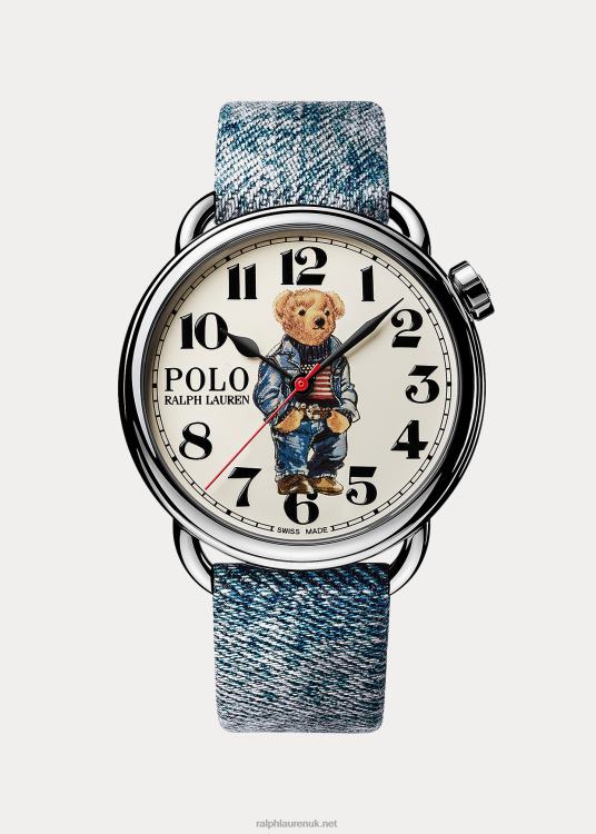UK Ralph Lauren Men 42 MM Denim Flag Polo Bear Watch White Dial TRVP02800
