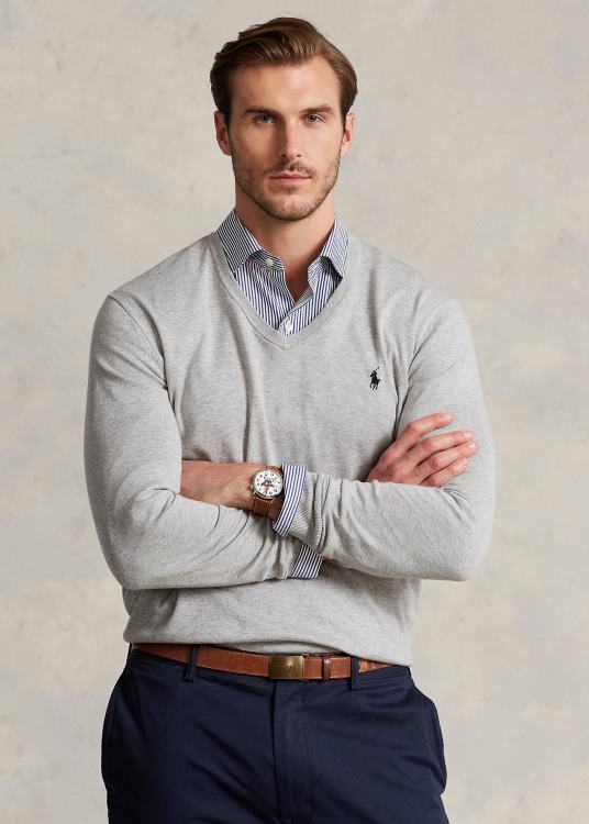 UK Ralph Lauren Men Cotton V-Neck Sweater Andover Heather TRVP01316
