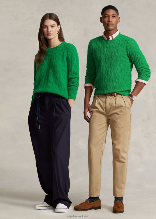 UK Ralph Lauren Unisex The Iconic Cable-Knit Cashmere Sweater Charlie Green TRVP03396