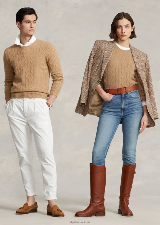 UK Ralph Lauren Unisex The Iconic Cable-Knit Cashmere Sweater New Camel Melange TRVP03400